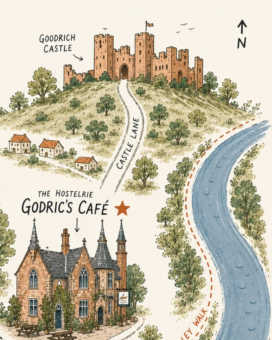 Detail of an illustrated map of Goodrich: Goodrich Castle on the hill, with Castle Lane leading down to The Hostelrie, home of Godric's Café.